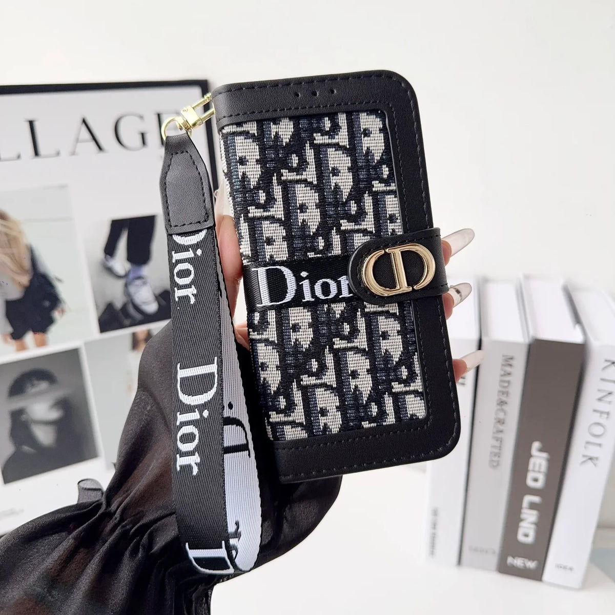 Dior iPhone Case With Card Holder And Wrist Strap For iPhone 12-18 Pro & Pro Max