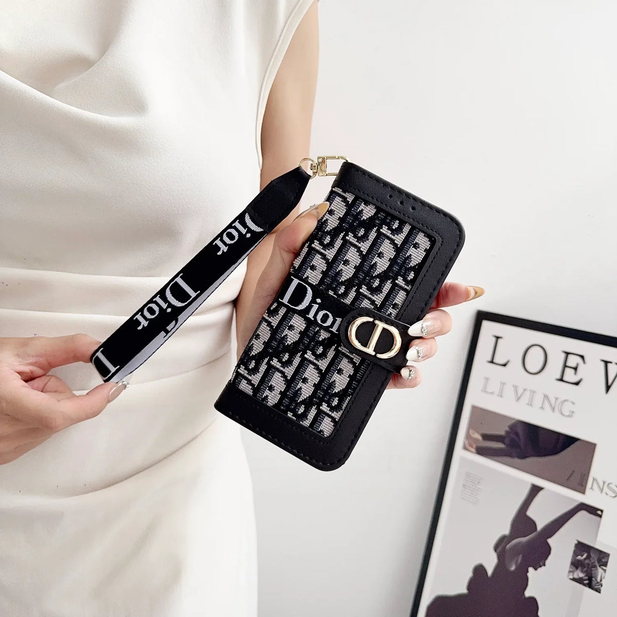 Dior iPhone Case With Card Holder And Wrist Strap For iPhone 12-18 Pro & Pro Max