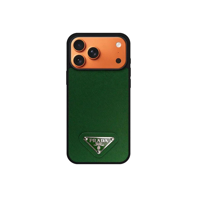Premium Saffiano Leather Case with Metallic Badge for iPhone 12-18 Pro & Pro Max