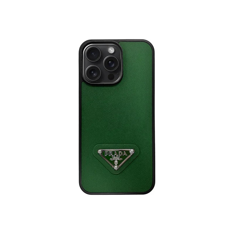 Premium Saffiano Leather Case with Metallic Badge for iPhone 12-18 Pro & Pro Max