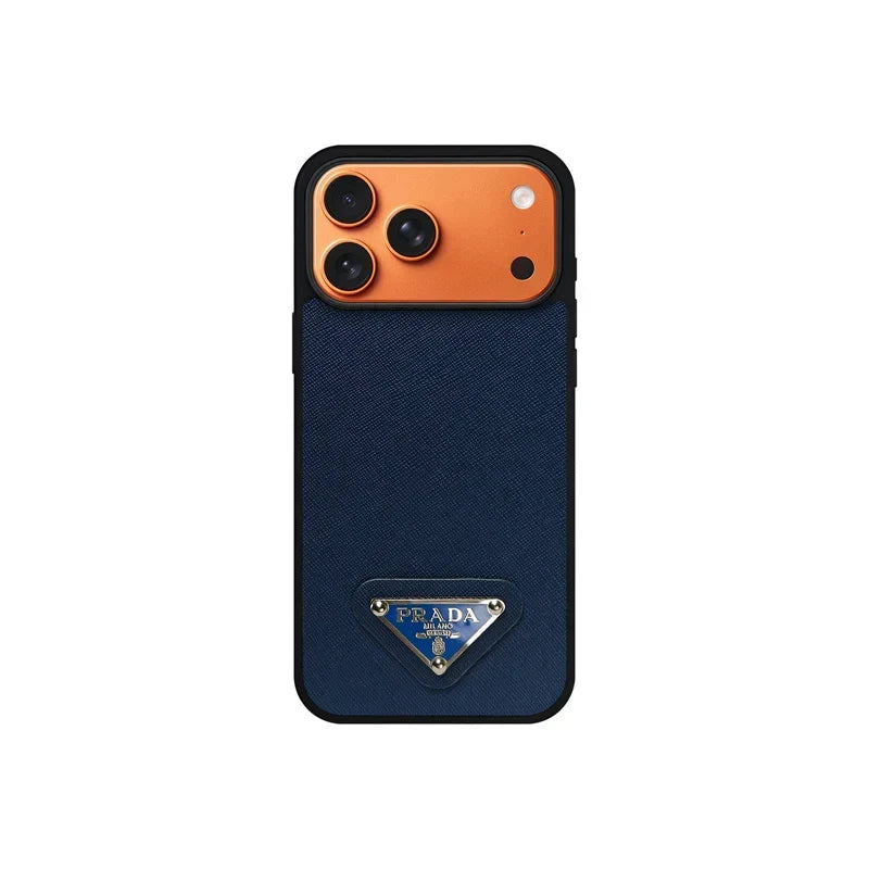 Premium Saffiano Leather Case with Metallic Badge for iPhone 12-18 Pro & Pro Max