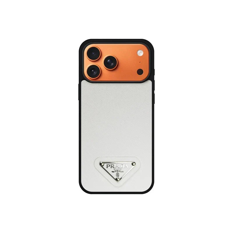 Premium Saffiano Leather Case with Metallic Badge for iPhone 12-18 Pro & Pro Max
