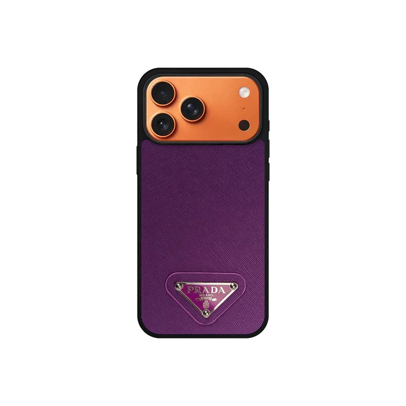 Premium Saffiano Leather Case with Metallic Badge for iPhone 12-18 Pro & Pro Max