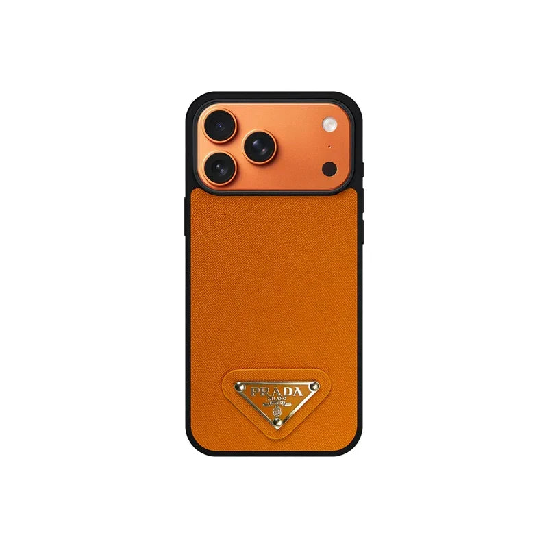 Premium Saffiano Leather Case with Metallic Badge for iPhone 12-18 Pro & Pro Max