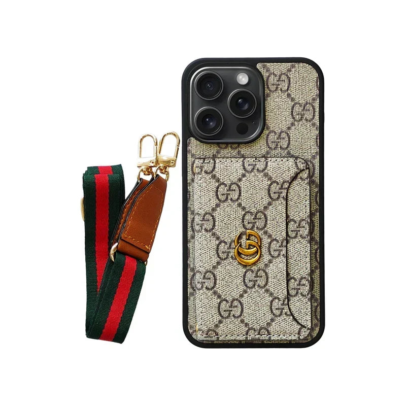 GG Brown Leather Card Holder Case with Lanyard for iPhone 12-18 Pro & Pro Max