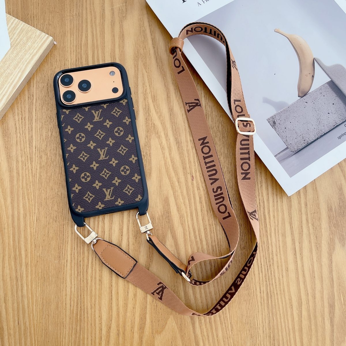 Luxury Monogram Phone Case with Detachable Strap for iPhone 12-18 Pro & Pro Max