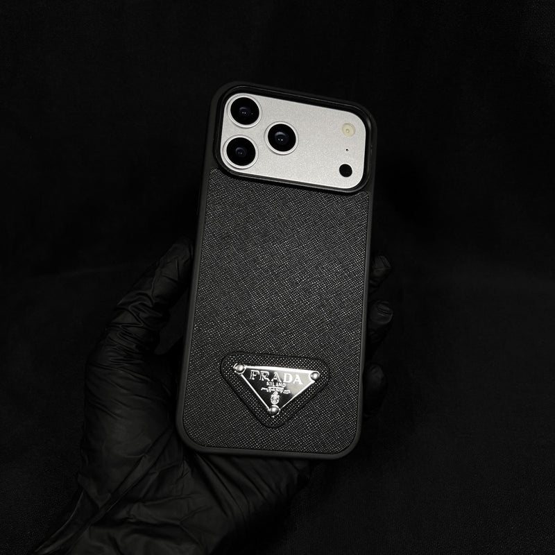 Premium Saffiano Leather Case with Metallic Badge for iPhone 12-18 Pro & Pro Max
