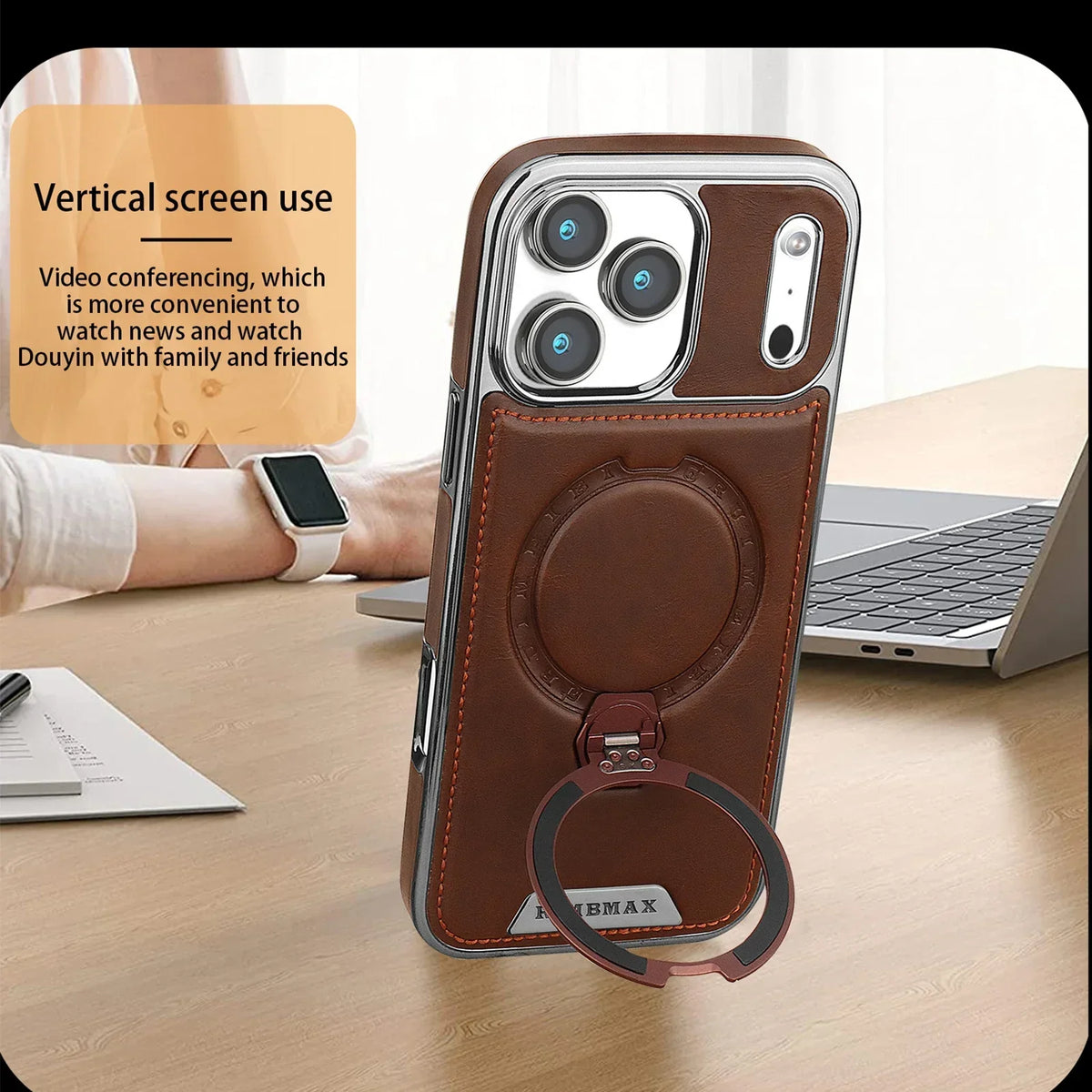 Magnetic Bracket Attraction Cowhide Leather Plating Case For iPhone