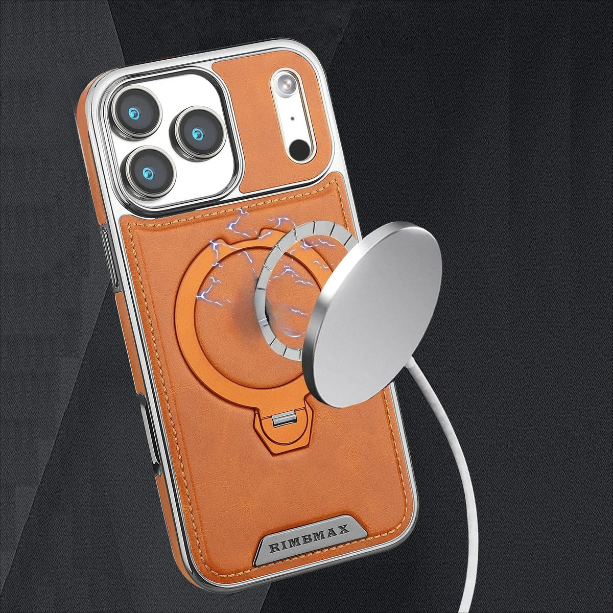 Magnetic Bracket Attraction Cowhide Leather Plating Case For iPhone