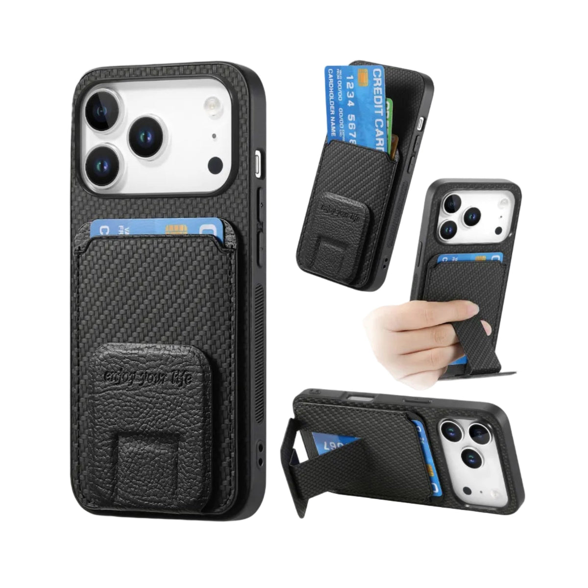 Carbon Fiber Card Bag Fold Stand Phone Case For iPhone 13-18 Pro & Pro Max