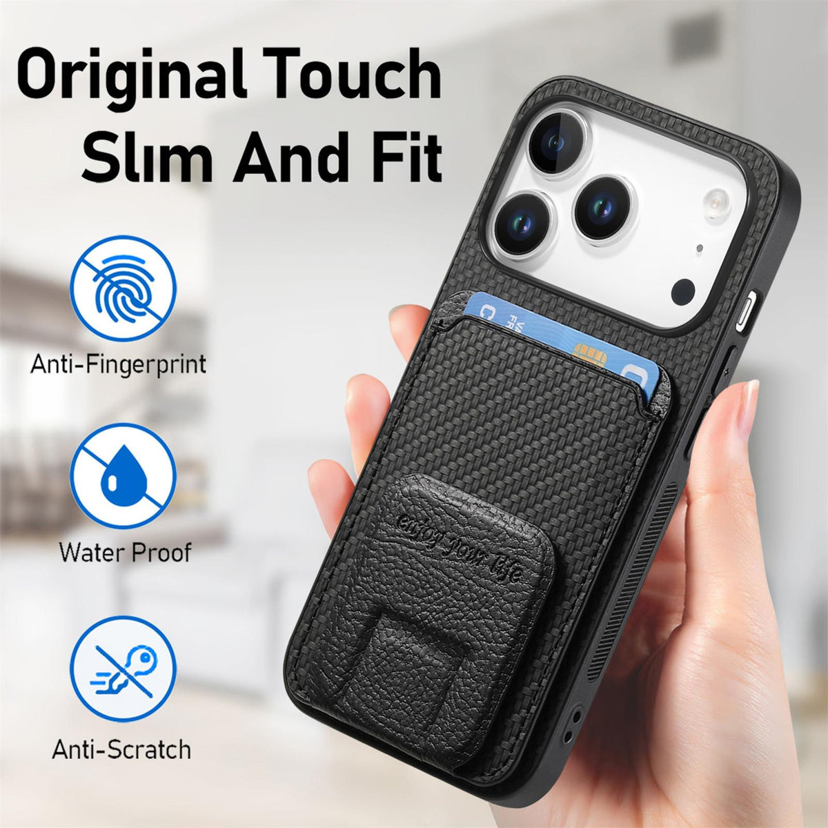 Carbon Fiber Card Bag Fold Stand Phone Case For iPhone 13-18 Pro & Pro Max