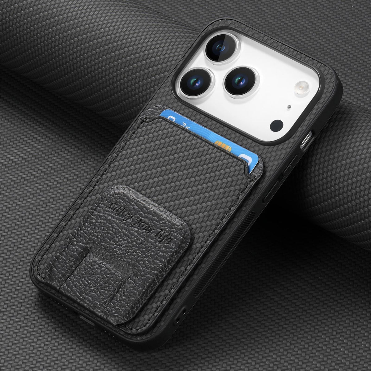 Carbon Fiber Card Bag Fold Stand Phone Case For iPhone 13-18 Pro & Pro Max
