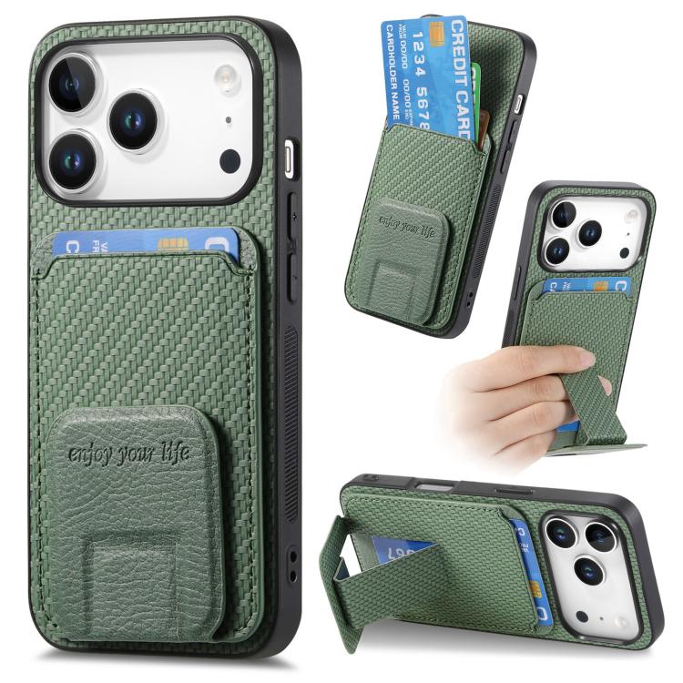 Carbon Fiber Card Bag Fold Stand Phone Case For iPhone 13-18 Pro & Pro Max