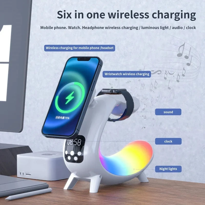 6-in-1 Magnetic Wireless Charger Stand with RGB Light & Alarm Clock