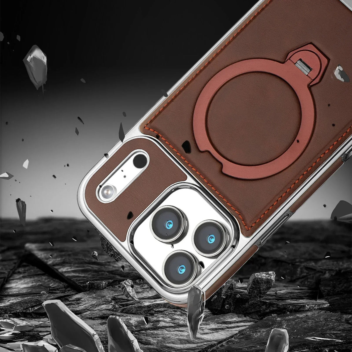 Magnetic Bracket Attraction Cowhide Leather Plating Case For iPhone