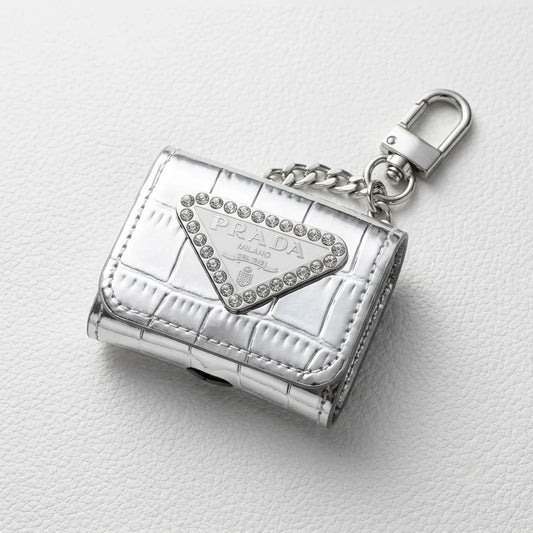 Luxury Prada Leather AirPods Case Silver with Emblem & Keychain