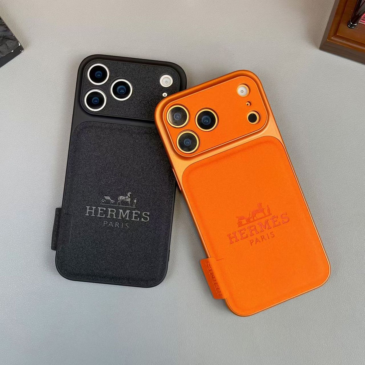 HRM Leather Flap Pocket Phone Case with Embossed Logo for iPhone 14-18 Pro & Pro Max