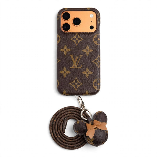 Luxury Monogram Case with Bow Charm & Wrist Lanyard for iPhone 12-18 Pro & Pro Max