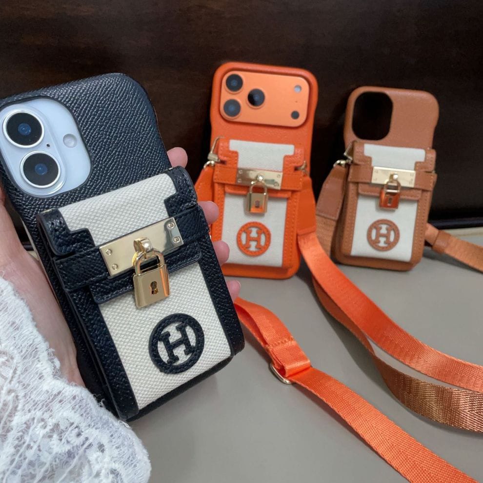 HRM Leather Case with Wristlet Strap & Perfume Charm for iPhone 13-18 Pro & Pro Max