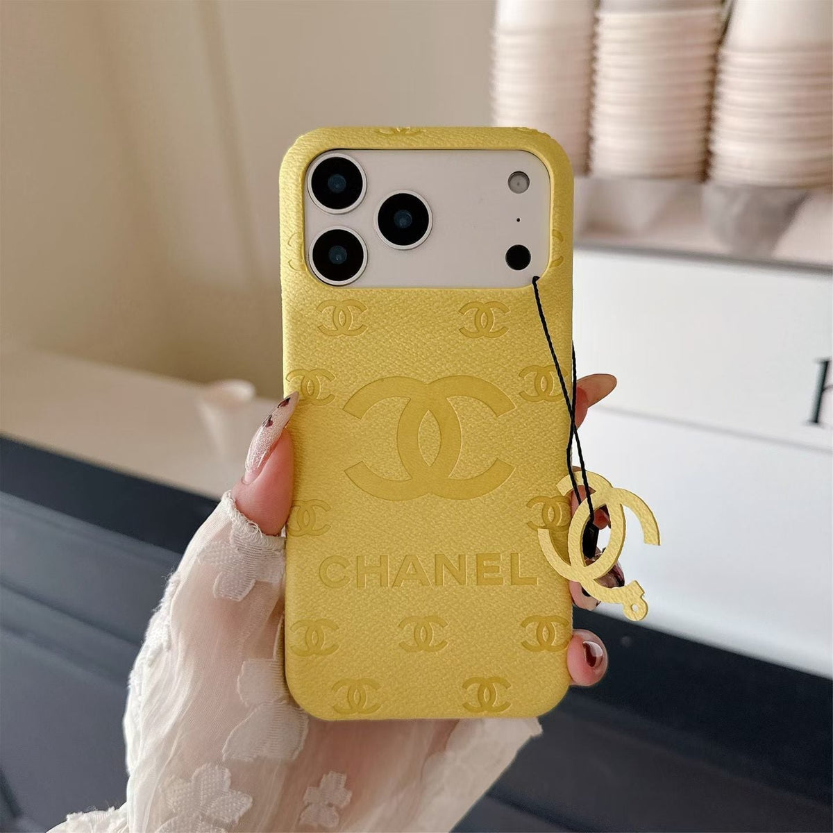 CC Monogram Stamped Leather Case with CC Ring Charm for iPhone 12-18 Pro & Pro Max