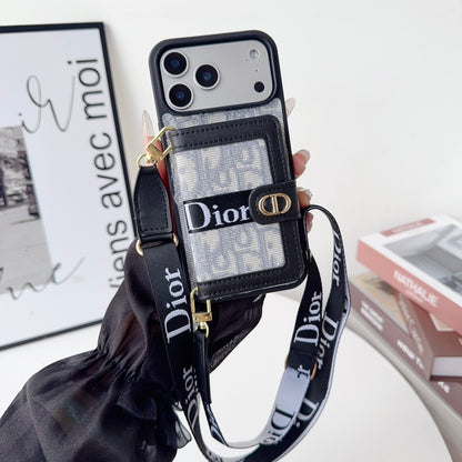 Dior Leather Phone Case with Card Wallet and Strap for iPhone 12-18 Pro & Pro Max