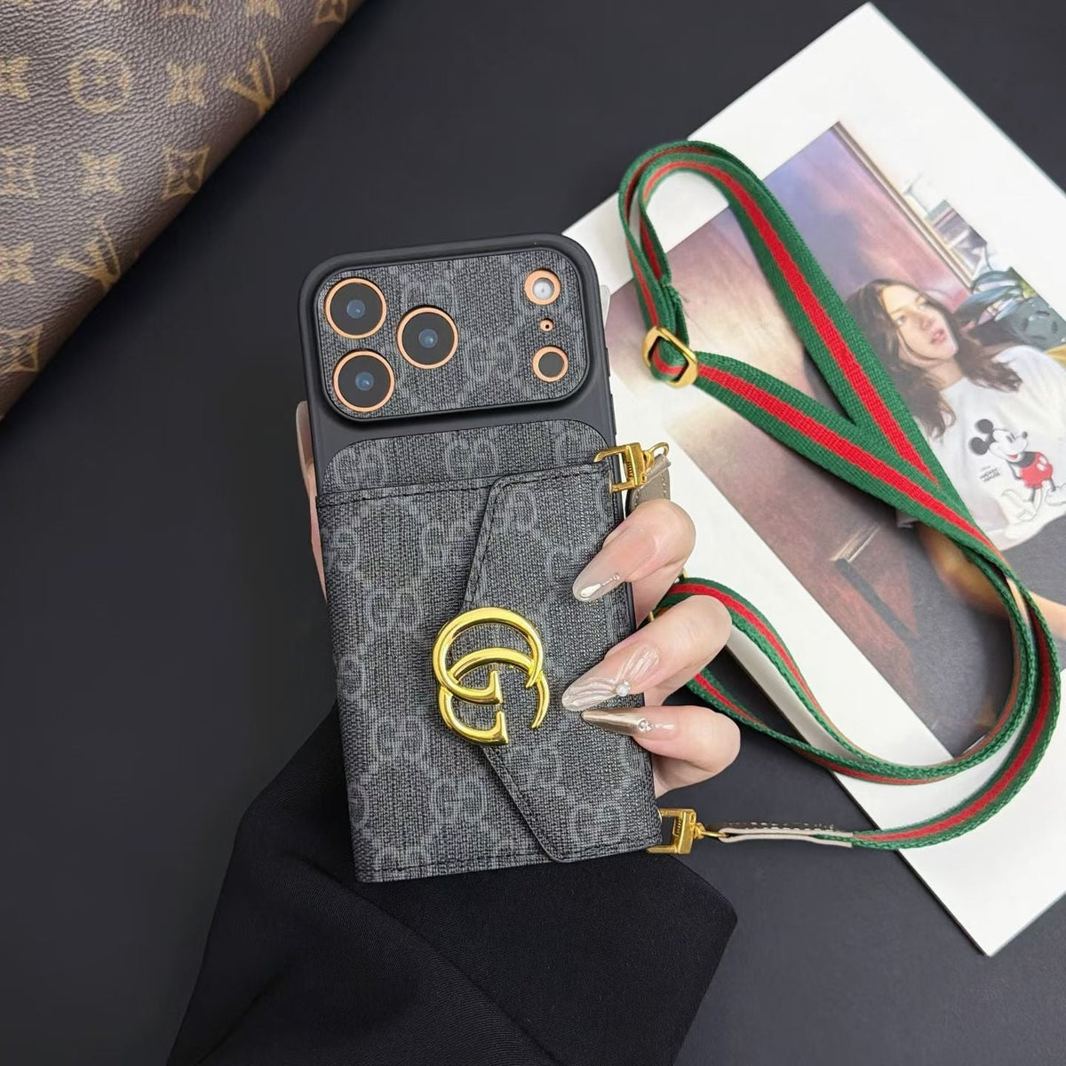GG Luxury Supreme Monogram Wallet Case for iPhone 13-18 Pro & Pro Max