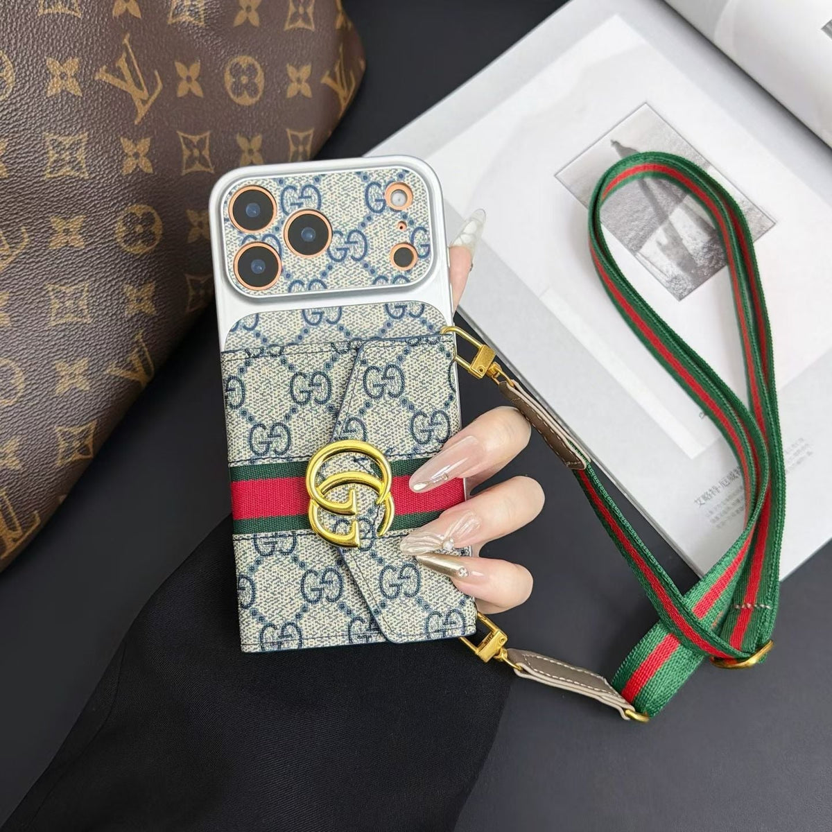 GG Luxury Supreme Monogram Wallet Case for iPhone 13-18 Pro & Pro Max