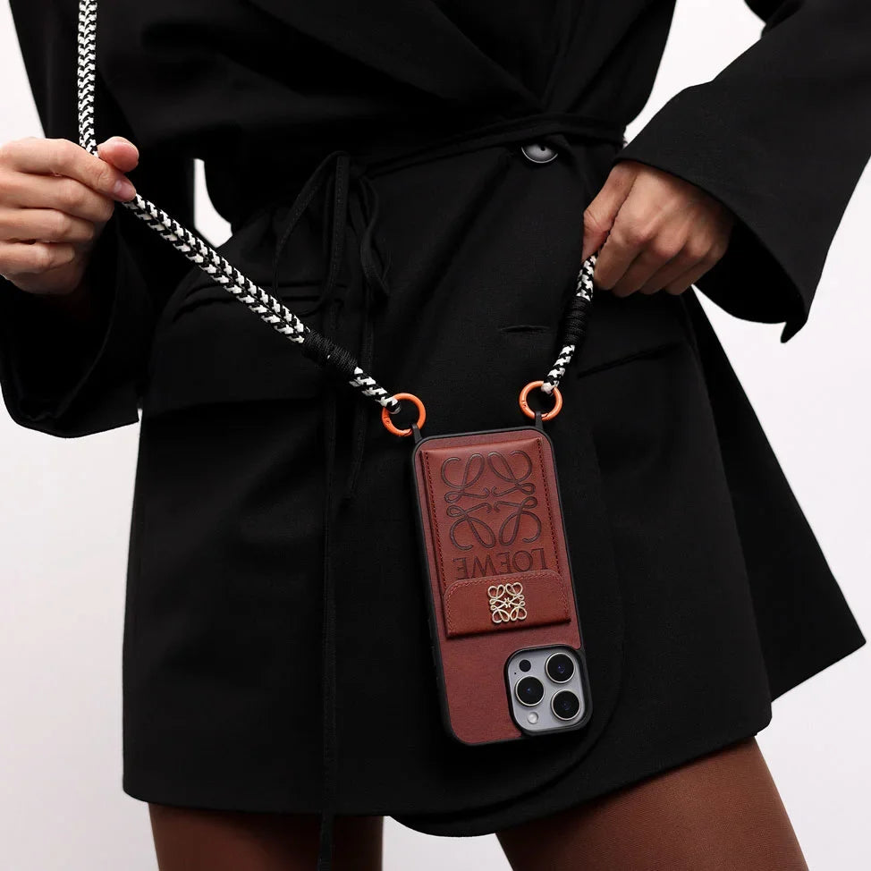 Loewe Embossed Leather Wallet Case with Crossbody Lanyard Strap for iPhone 12-18 Pro & Pro Max