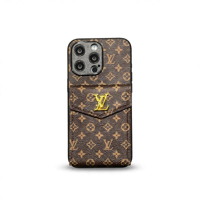 Luxury LV Leather Phone Case with Card Holder for iPhone 12-18 Pro & Pro Max