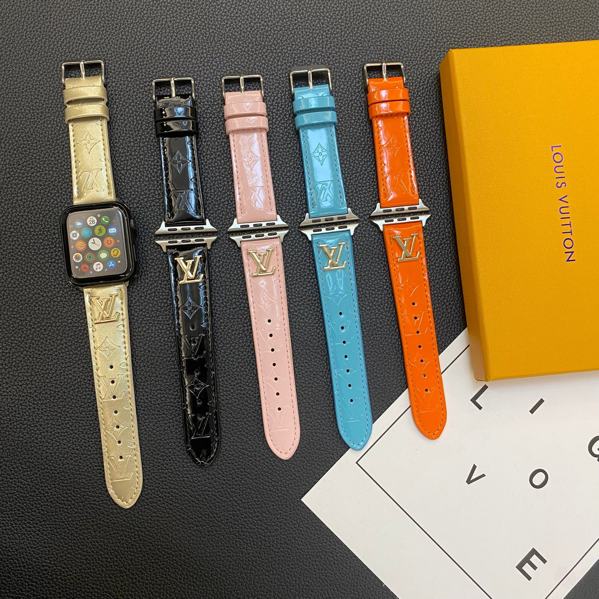 GLOSSY LEATHER APPLE WATCH STRAP LUXURY METAL LOGO Roxy New 2