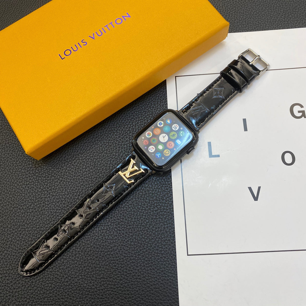 GLOSSY LEATHER APPLE WATCH STRAP LUXURY METAL LOGO Roxy New 2