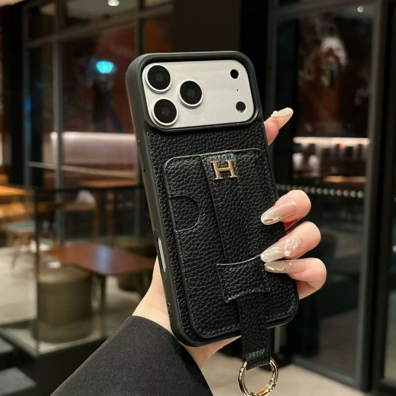 HRM Pebbled Leather Case with Pull-Tab Strap & Ring for iPhone 12-18 Pro & Pro Max