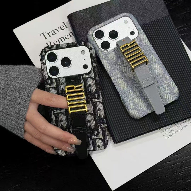 Luxury Case with Adjustable Gold-Tone Hand Strap for iPhone 12-18 Pro & Pro Max