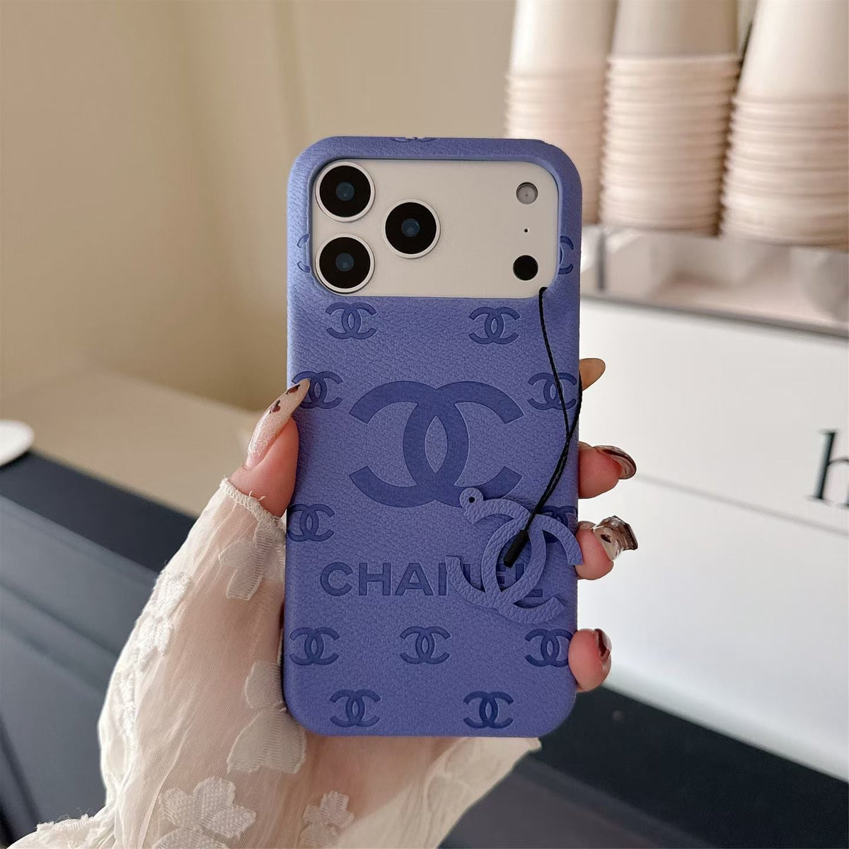 CC Monogram Stamped Leather Case with CC Ring Charm for iPhone 12-18 Pro & Pro Max