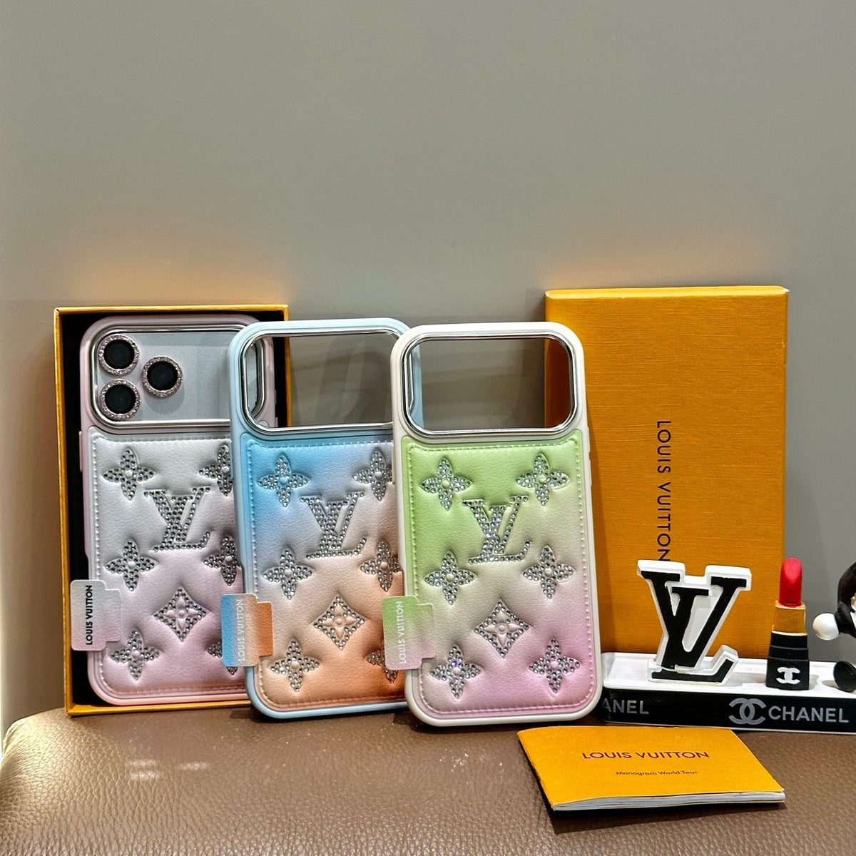 Gradient Crystal Monogram Leather Phone Case for iPhone 13-18 Pro & Pro Max