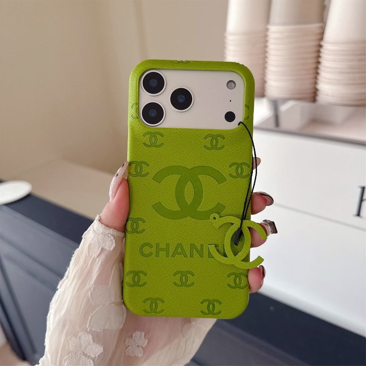 CC Monogram Stamped Leather Case with CC Ring Charm for iPhone 12-18 Pro & Pro Max
