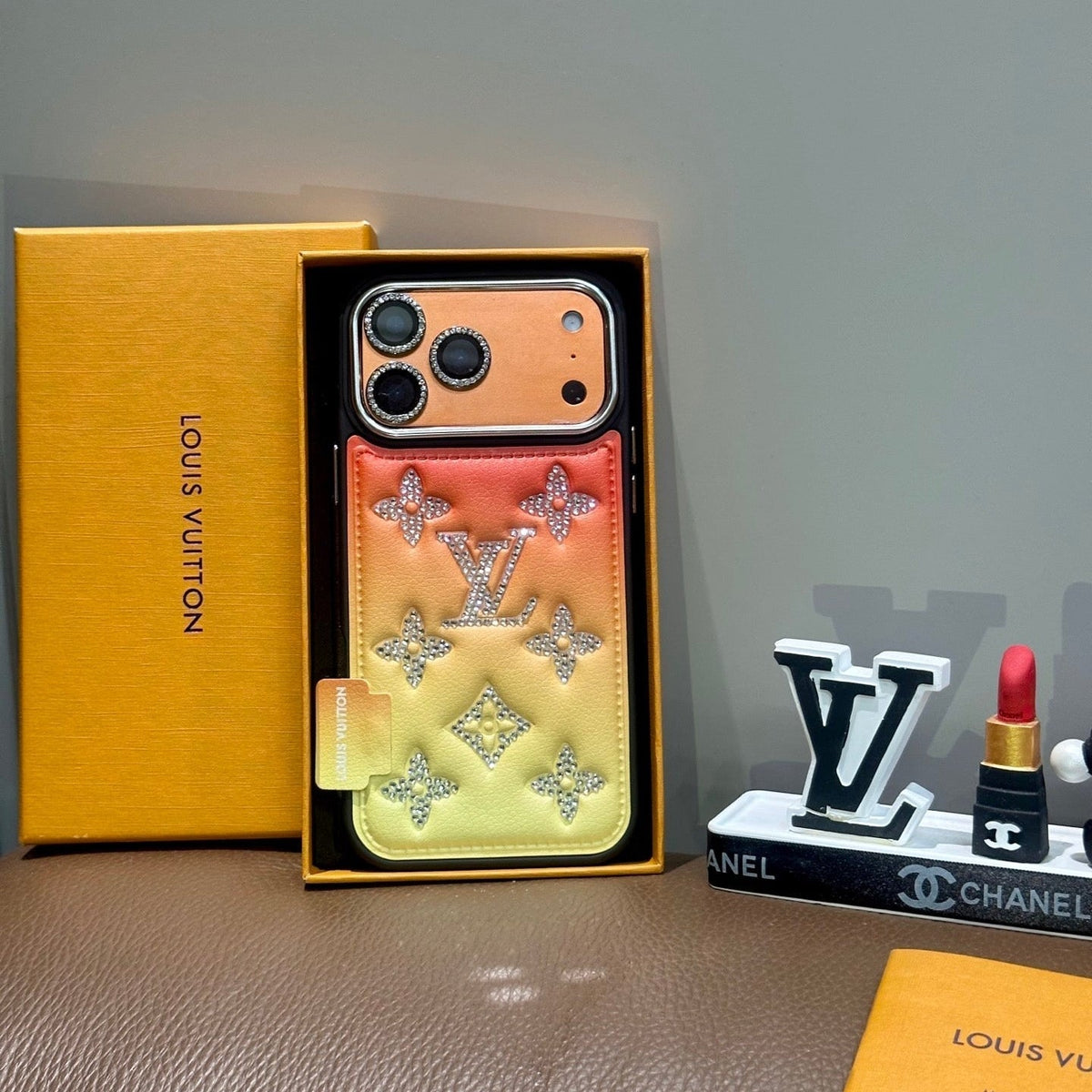 Gradient Crystal Monogram Leather Phone Case for iPhone 13-18 Pro & Pro Max