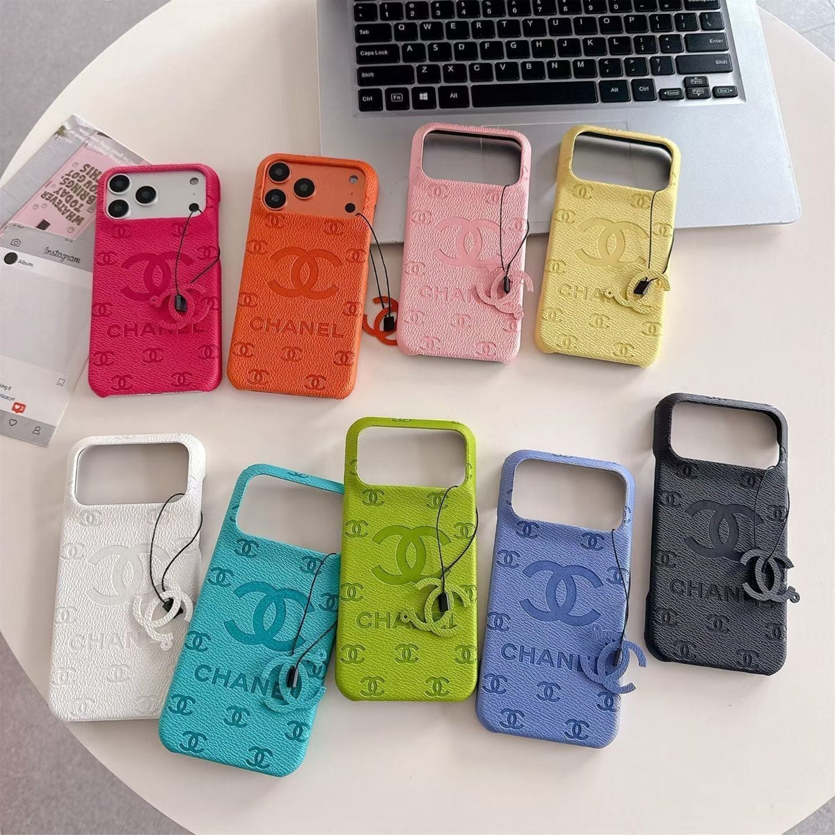 CC Monogram Stamped Leather Case with CC Ring Charm for iPhone 12-18 Pro & Pro Max
