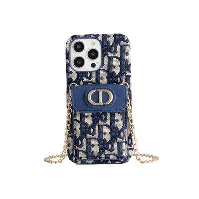 Dior Luxury iPhone Case with Chain, Card Slot, and Metal Logo for iPhone 12-18 Pro & Pro Max