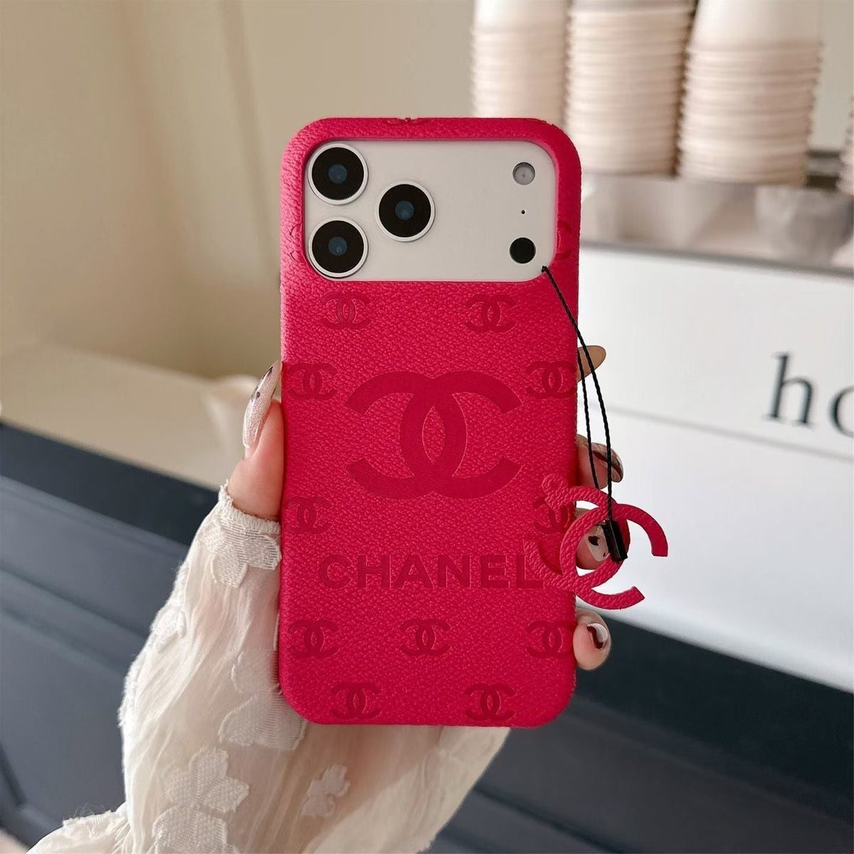CC Monogram Stamped Leather Case with CC Ring Charm for iPhone 12-18 Pro & Pro Max