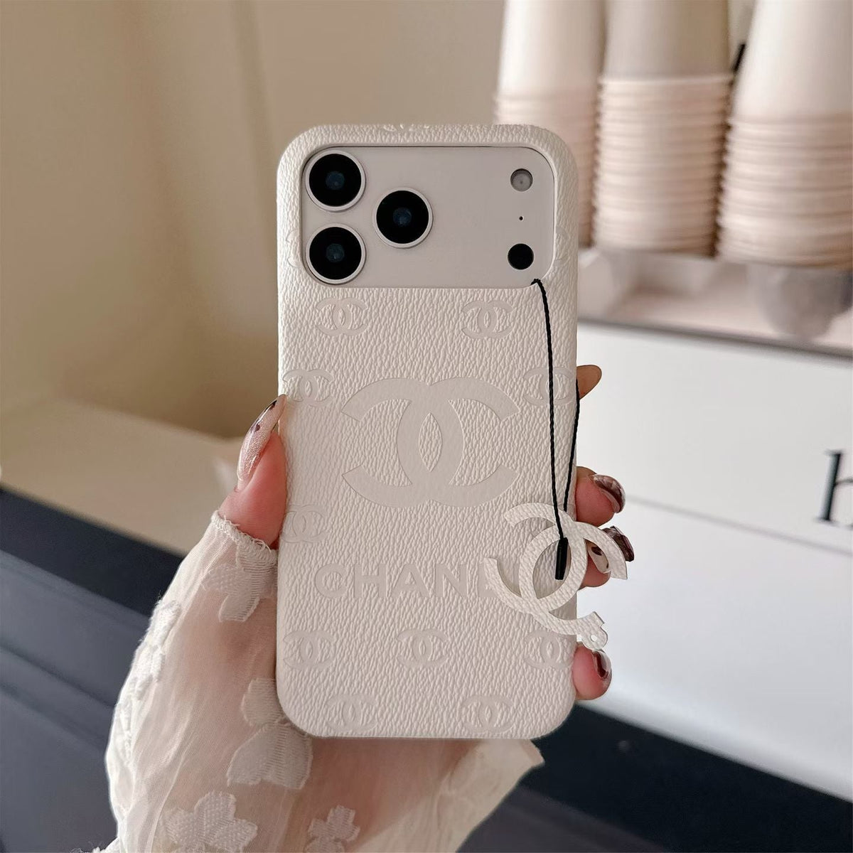 CC Monogram Stamped Leather Case with CC Ring Charm for iPhone 12-18 Pro & Pro Max