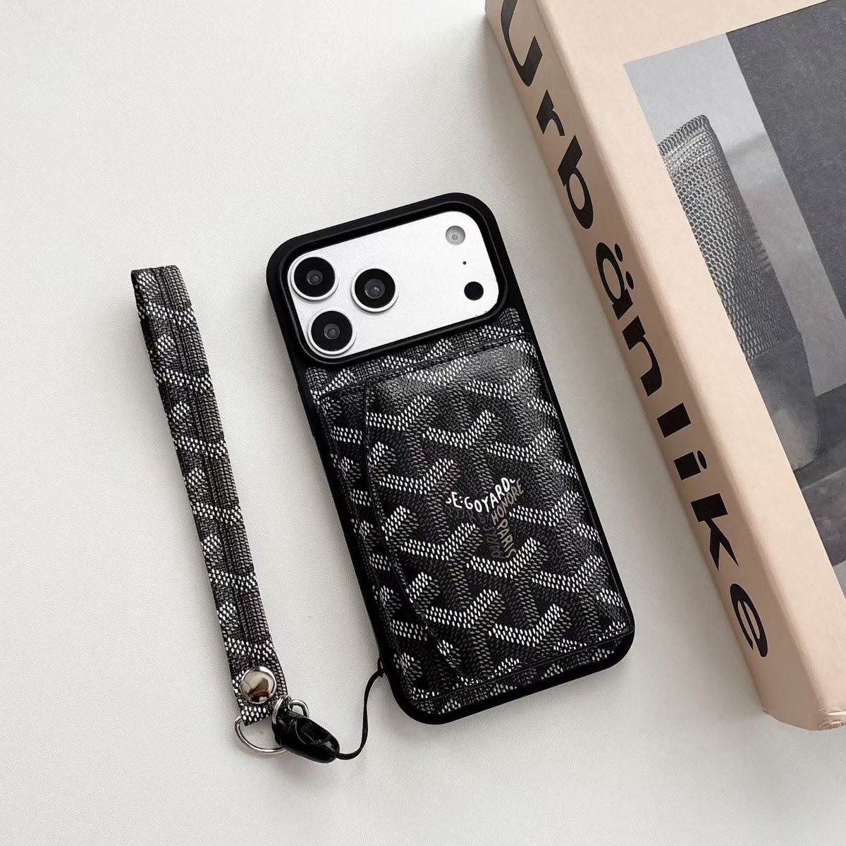 Luxury GYD Pattern Tri-Fold Wallet Phone Case with Matching Wristlet Strap for iPhone12-18 Pro & Pro Max