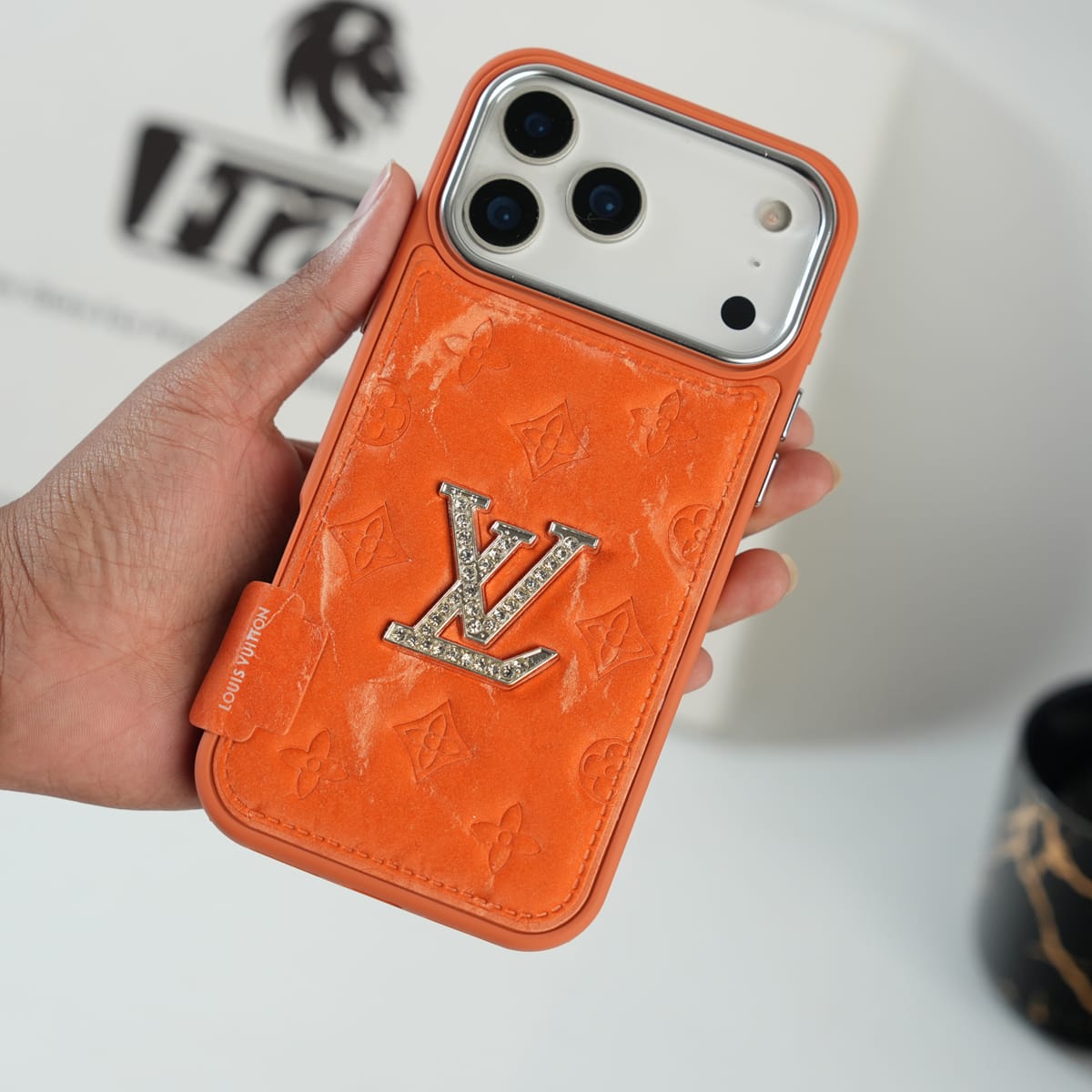 Premium Monogram Embossed Orange – Crystal Logo Edition For iPhone 12-18 Pro & Pro Max
