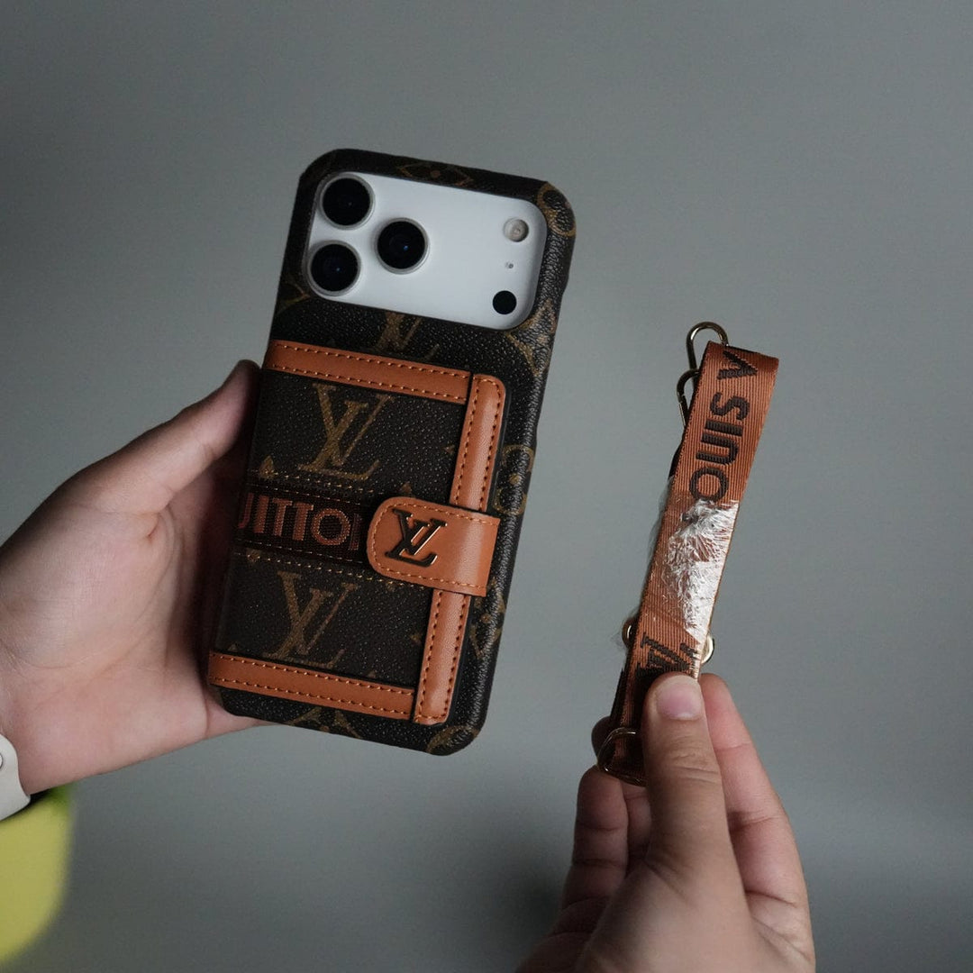 Luxury Embroidered Case with Card Holder & Strap for iPhone 13–18 Pro Max