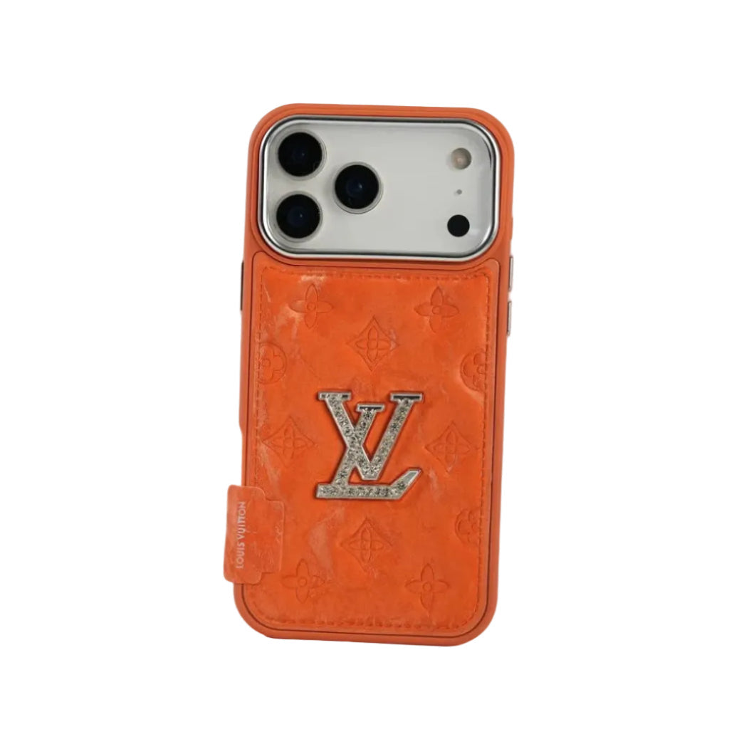 Premium Monogram Embossed Orange – Crystal Logo Edition For iPhone 12-18 Pro & Pro Max