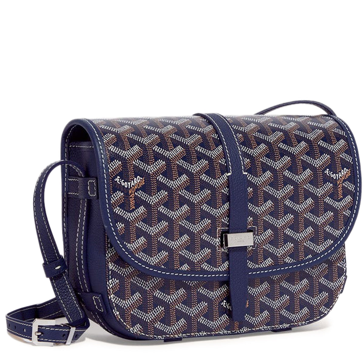 Luxury Goyardine canvas saddle crossbody bag in navy blue