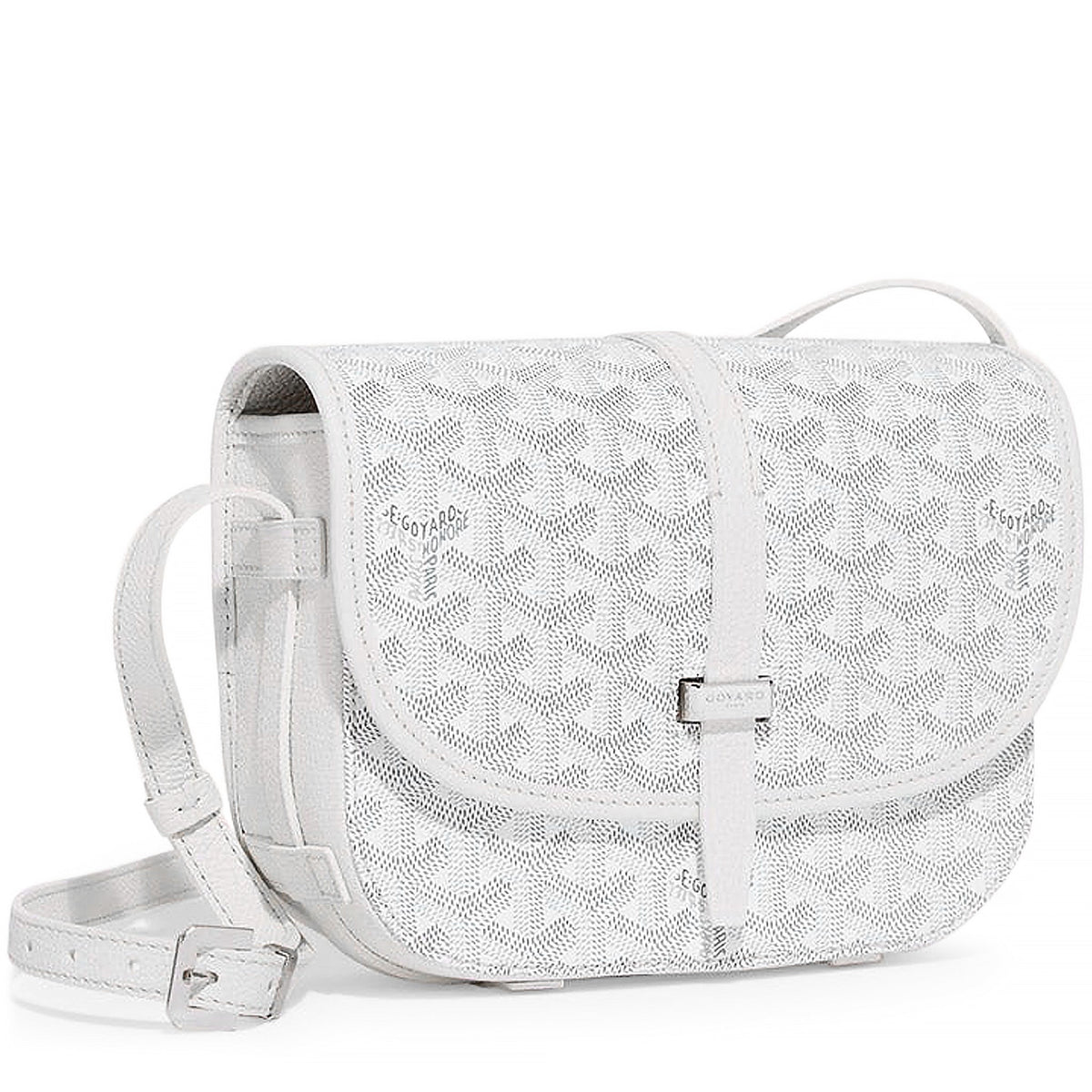 Luxury Goyardine canvas saddle crossbody bag in white