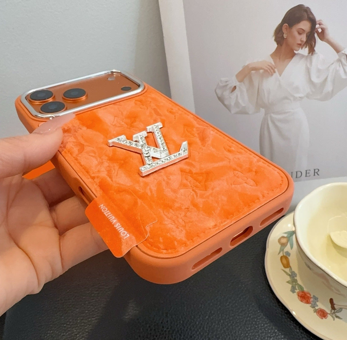 Premium Monogram Embossed Orange – Crystal Logo Edition For iPhone 12-18 Pro & Pro Max