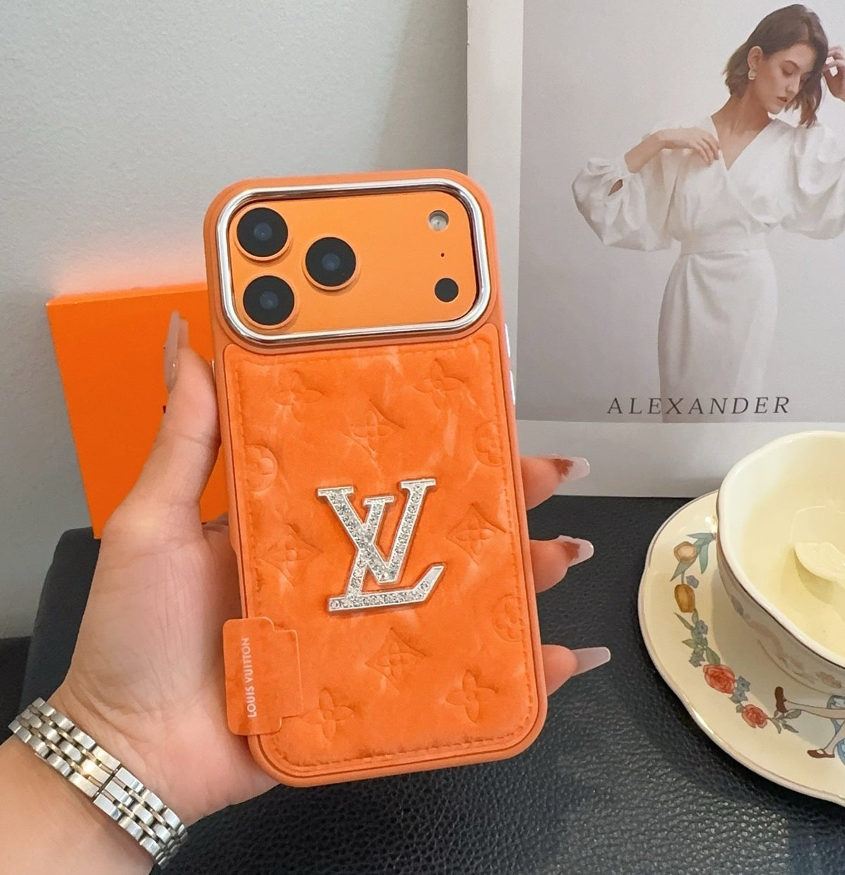 Premium Monogram Embossed Orange – Crystal Logo Edition For iPhone 12-18 Pro & Pro Max