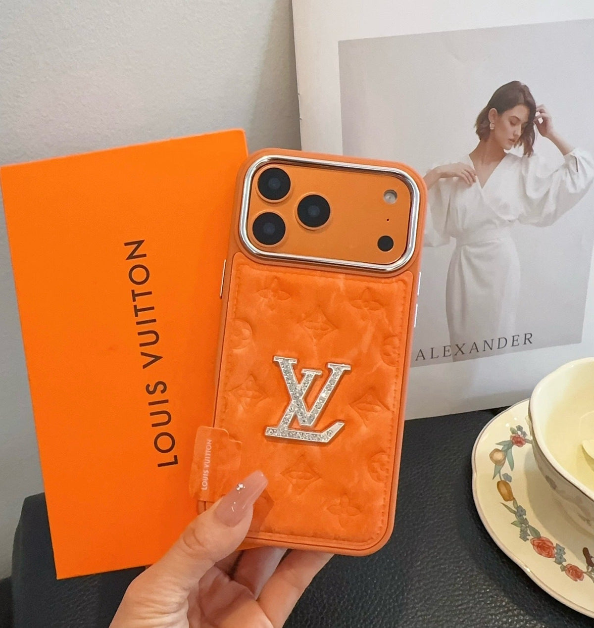 Premium Monogram Embossed Orange – Crystal Logo Edition For iPhone 12-18 Pro & Pro Max